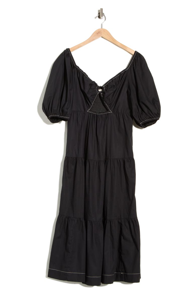 Puff Sleeve Tiered Cotton Midi Dress, Alternate, color, BLACK