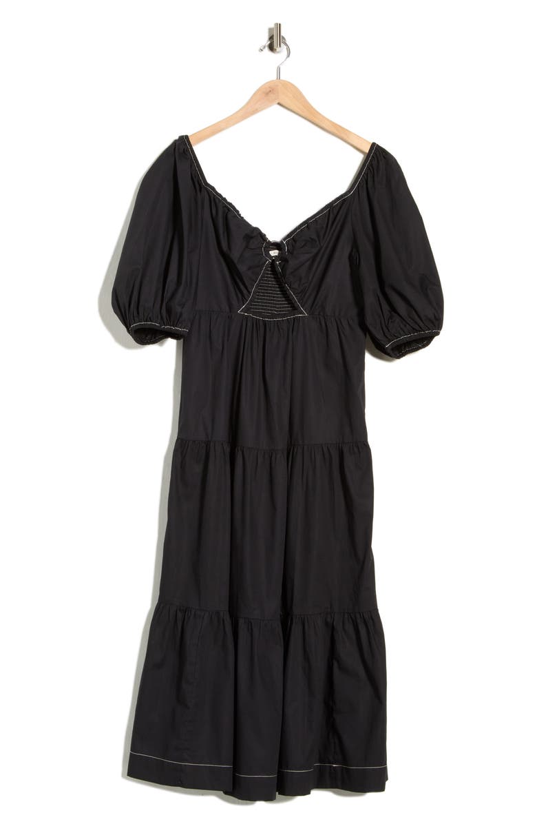 DRESS TO Puff Sleeve Tiered Cotton Midi Dress, Main, color, Black