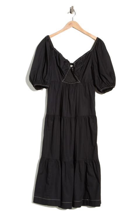 Puff Sleeve Tiered Cotton Midi Dress
