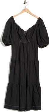 DRESS TO Puff Sleeve Tiered Cotton Midi Dress