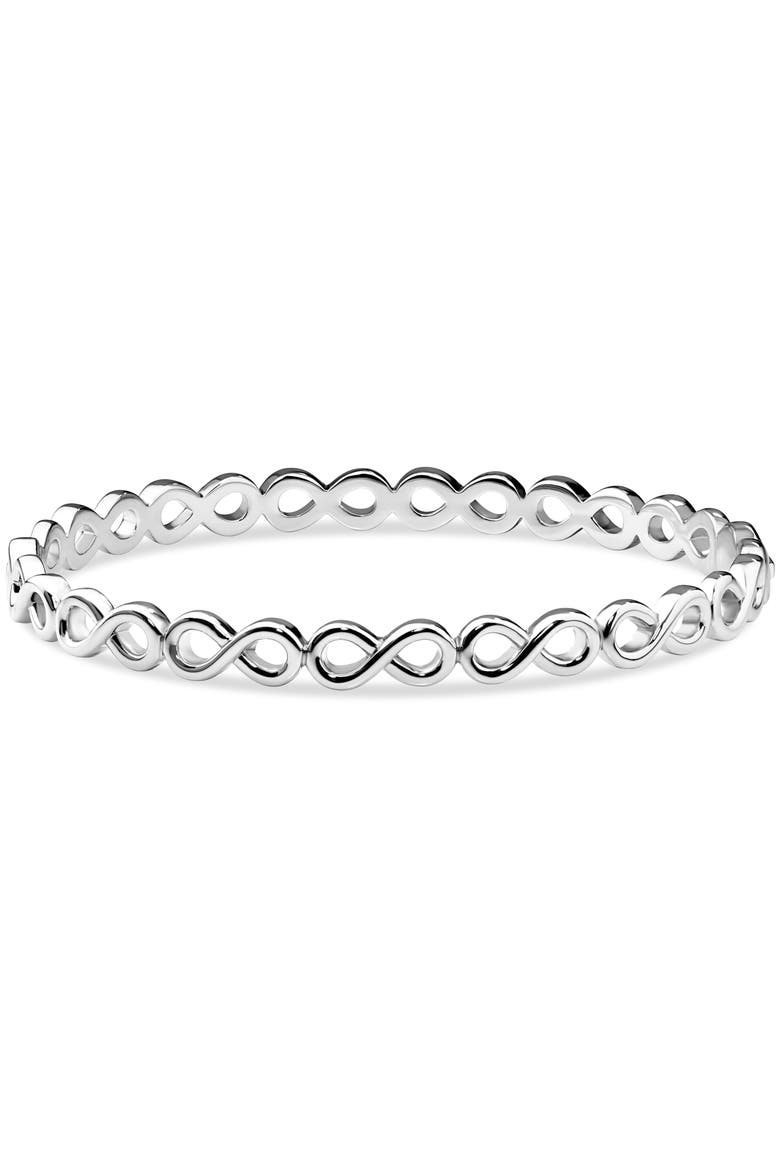 Infinity Bangle Bracelet in Rhodium Plated Sterling Silver, Main, color, Silver