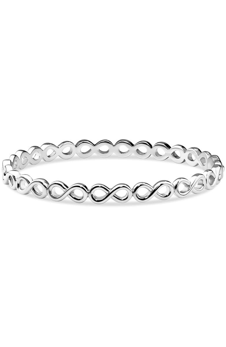 DEVATA Infinity Bangle Bracelet in Rhodium Plated Sterling Silver, Main, color, Silver