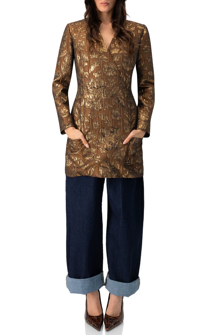 Jacquard Short Crossed V-Neck Dress with Pockets, Alternate, color, Brown