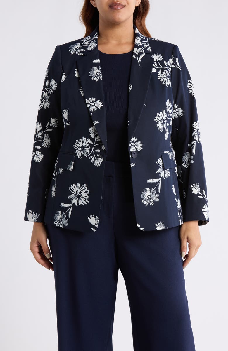 Tahari ASL Floral One-Button Jacket, Main, color, Navy Ivory