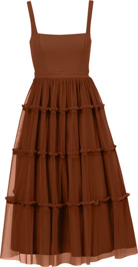 Adrianna Papell Mesh Overlay Tiered Midi Cocktail Dress Nordstrom