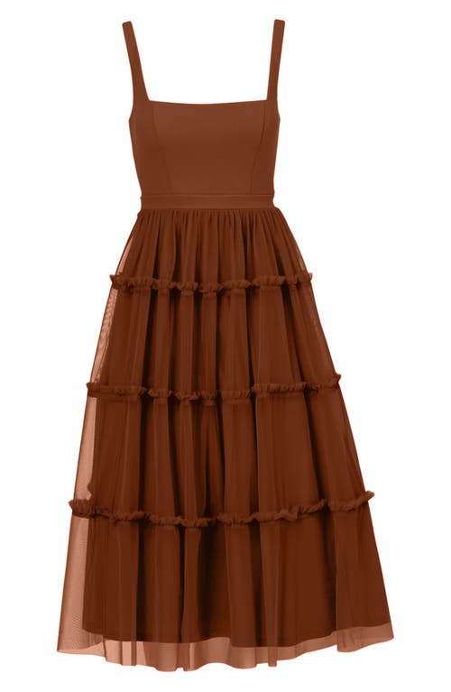 Adrianna Papell Mesh Overlay Tiered Midi Cocktail Dress In Brown