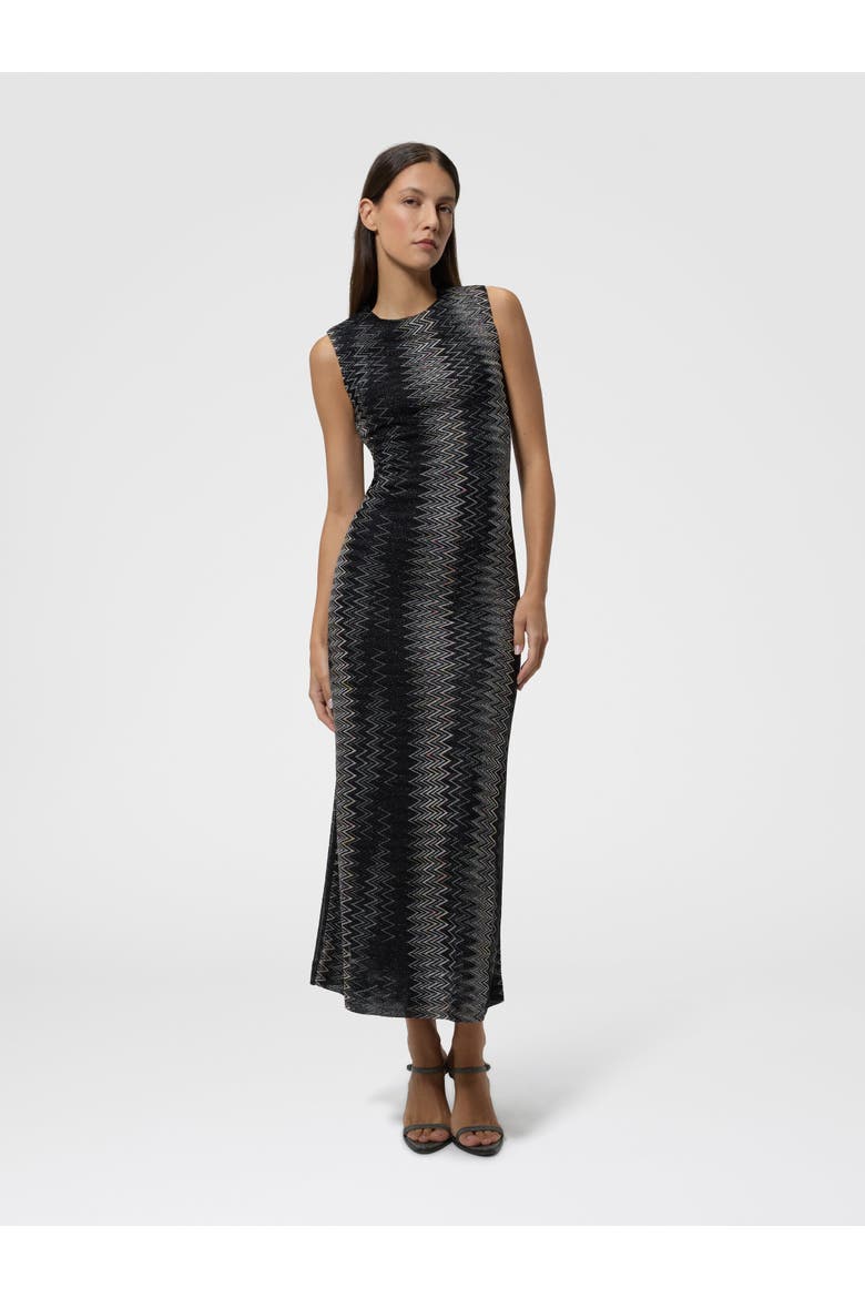 Flared Midi Dress In Viscose Lamé Chevron, Alternate, color, Black