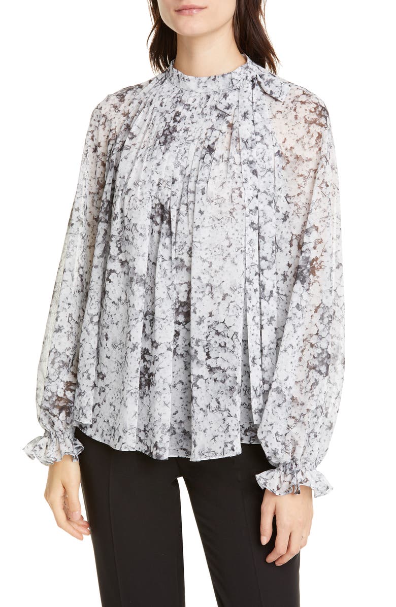 Adam Lippes Pintuck Bow Neck Floral Print Chiffon Blouse, Main, color,