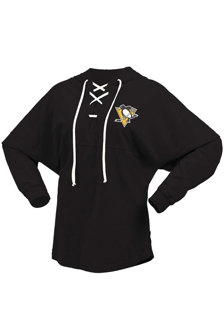 Women's Fanatics Branded Black Pittsburgh Penguins Jersey Lace-Up V-Neck Long Sleeve Hoodie T-Shirt, Alternate, color, Black