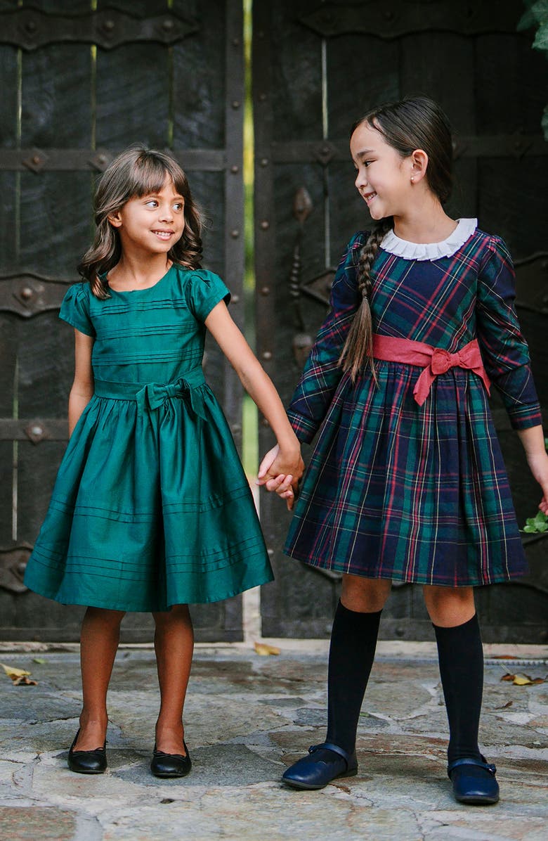 Hope & Henry Kids' Organic Special Occasion Pleated Sateen Party Dress, Alternate, color, Deep Green