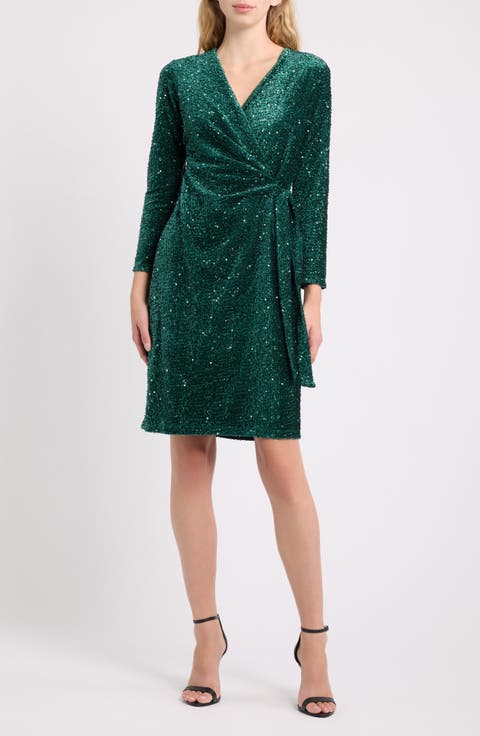 Sequin Long Sleeve Wrap Dress