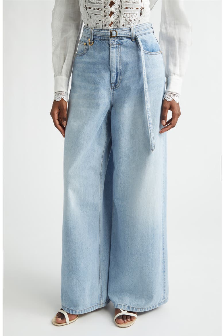 Indra Belted Relaxed Flare Jeans, Main, color, SKYLARK