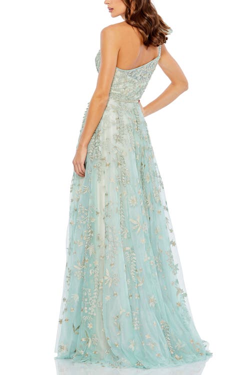 Mac Duggal Embellished Bow One Shoulder A Line Gown In Sage