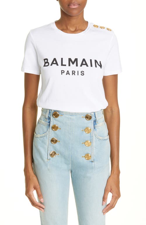 Balmain Button Shoulder Cotton Logo Graphic Tee In White