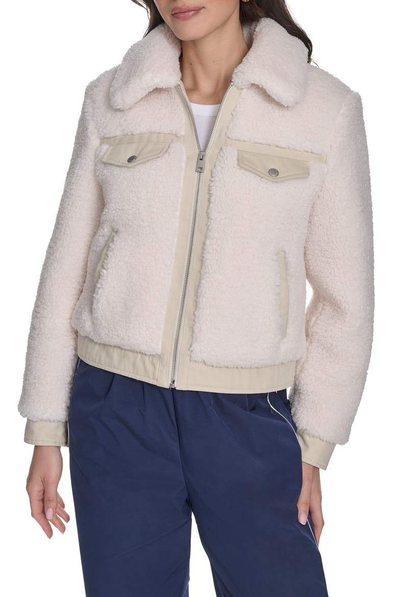 Fleece & Denim Bomber Jacket, Main, color, CREAM