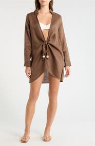 Elan Tie Front Long Sleeve Linen Cover-Up