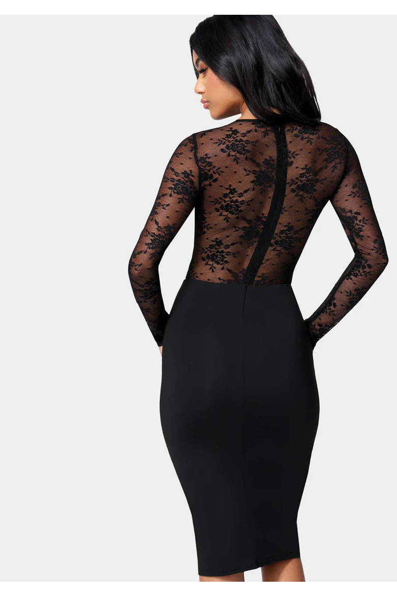 Lace Inset Fitted Midi Dress, Alternate, color, Black
