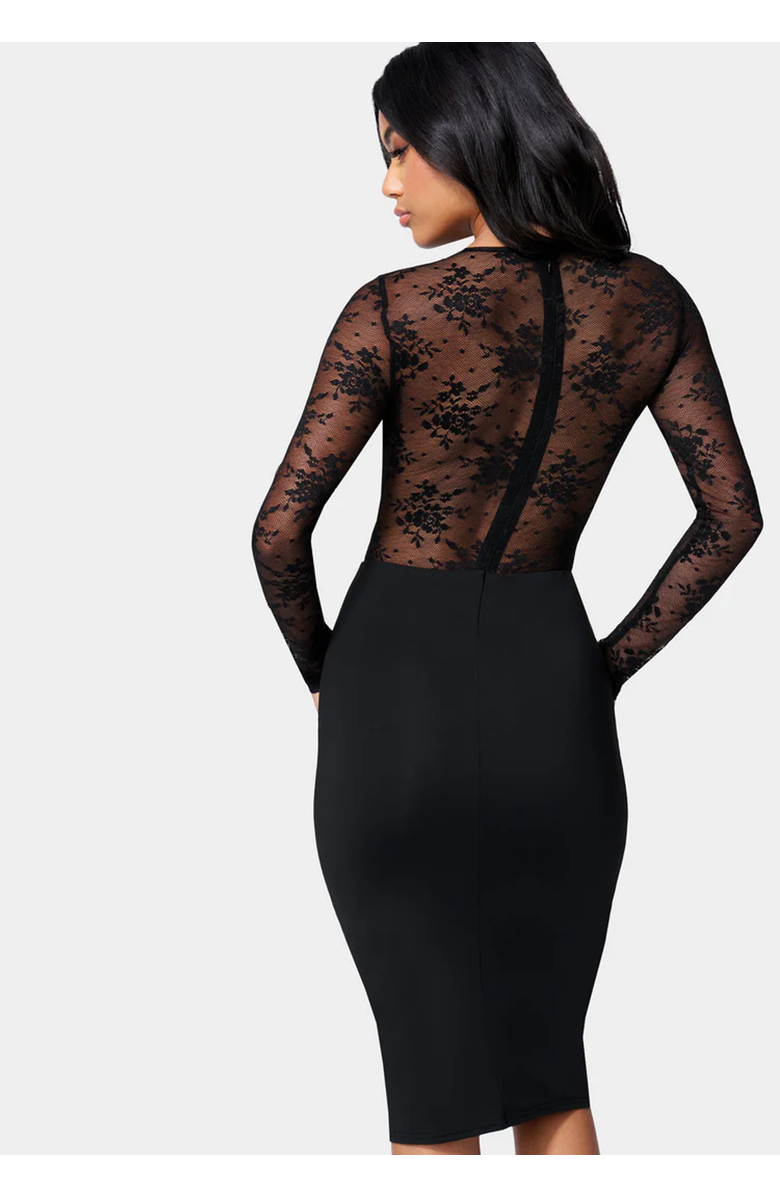 bebe Lace Inset Fitted Midi Dress, Alternate, color, Black