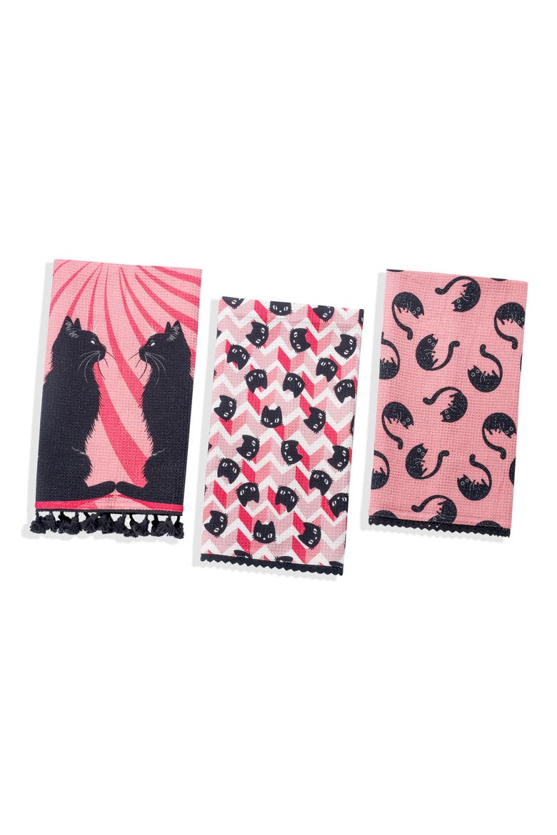 Midnight Feline Set of 3 Cotton Waffle Kitchen Towels, Main, color, BUBBLEGUM PINK/ BLACK