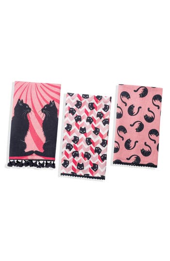 Tiramisu Midnight Feline Cotton Kitchen Towel Set In Pink