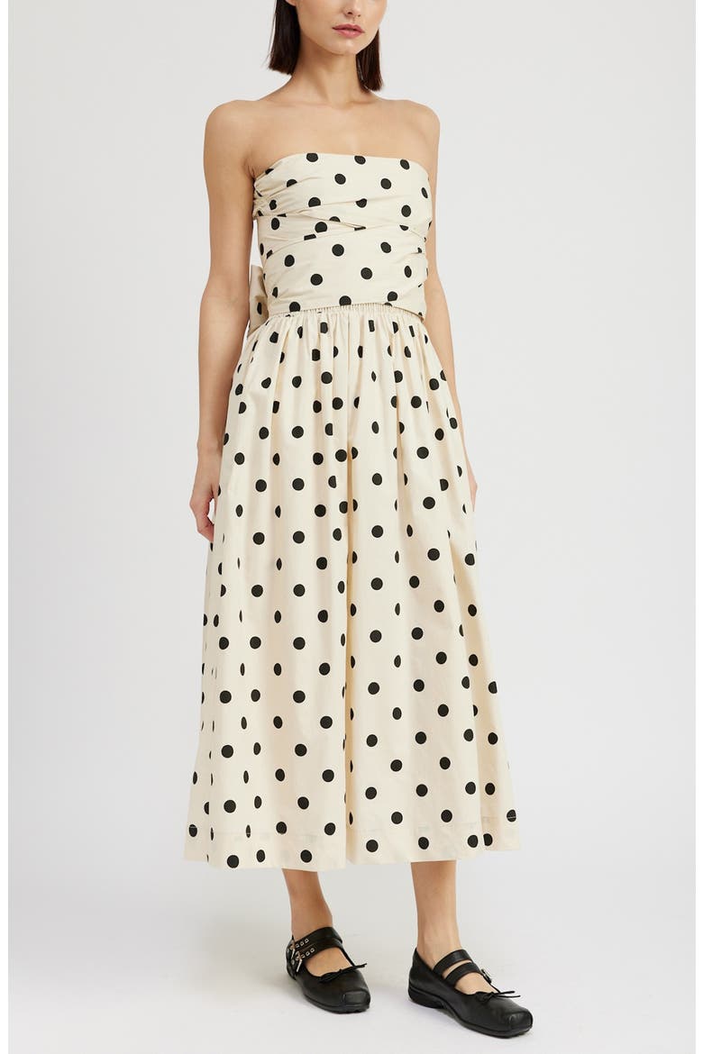 Josephine Polka Dot Strapless Cotton Midi Sundress, Alternate, color, NATURAL BLACK