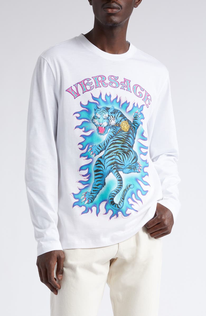 Versace Tiger Long Sleeve Cotton Graphic T-Shirt, Main, color, 