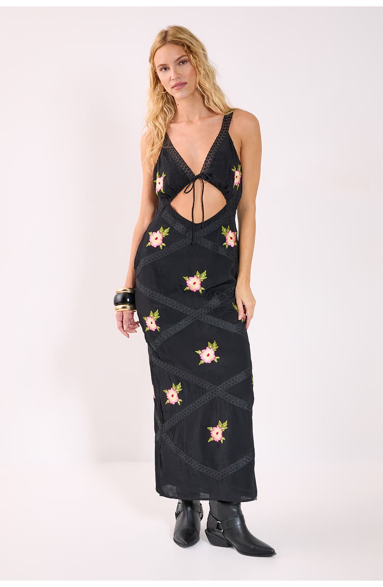 NASTY GAL Embroidered Lace Trim Cut Out Maxi Dress, Main, color, Black