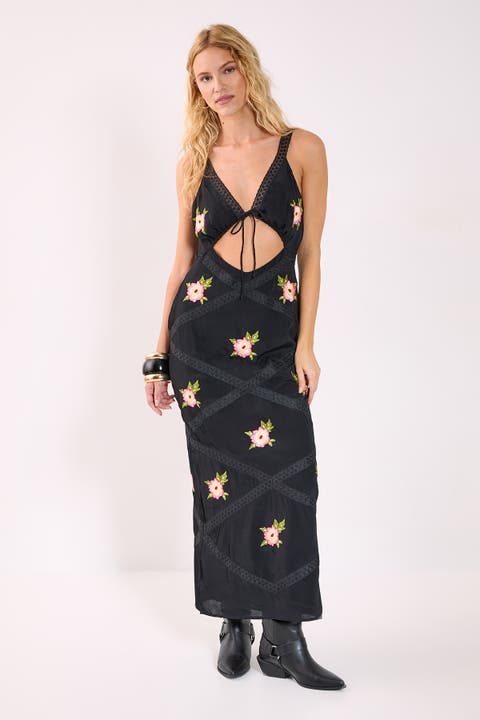 Embroidered Lace Trim Cut Out Maxi Dress