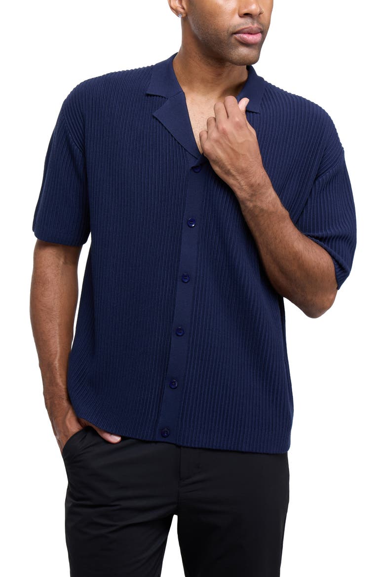 Ribbed Knit Camp Shirt, Alternate, color, NAVY