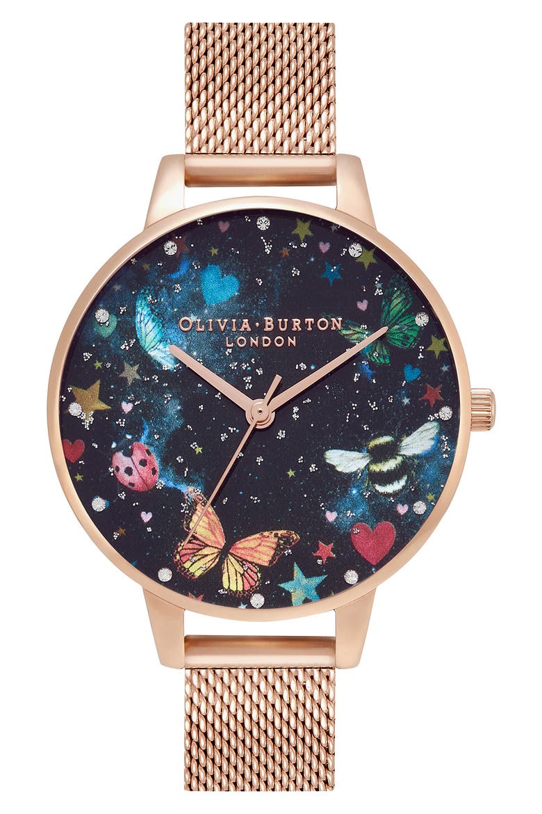 Night Garden Mesh Strap Watch, 34mm, Main, color, BLACK
