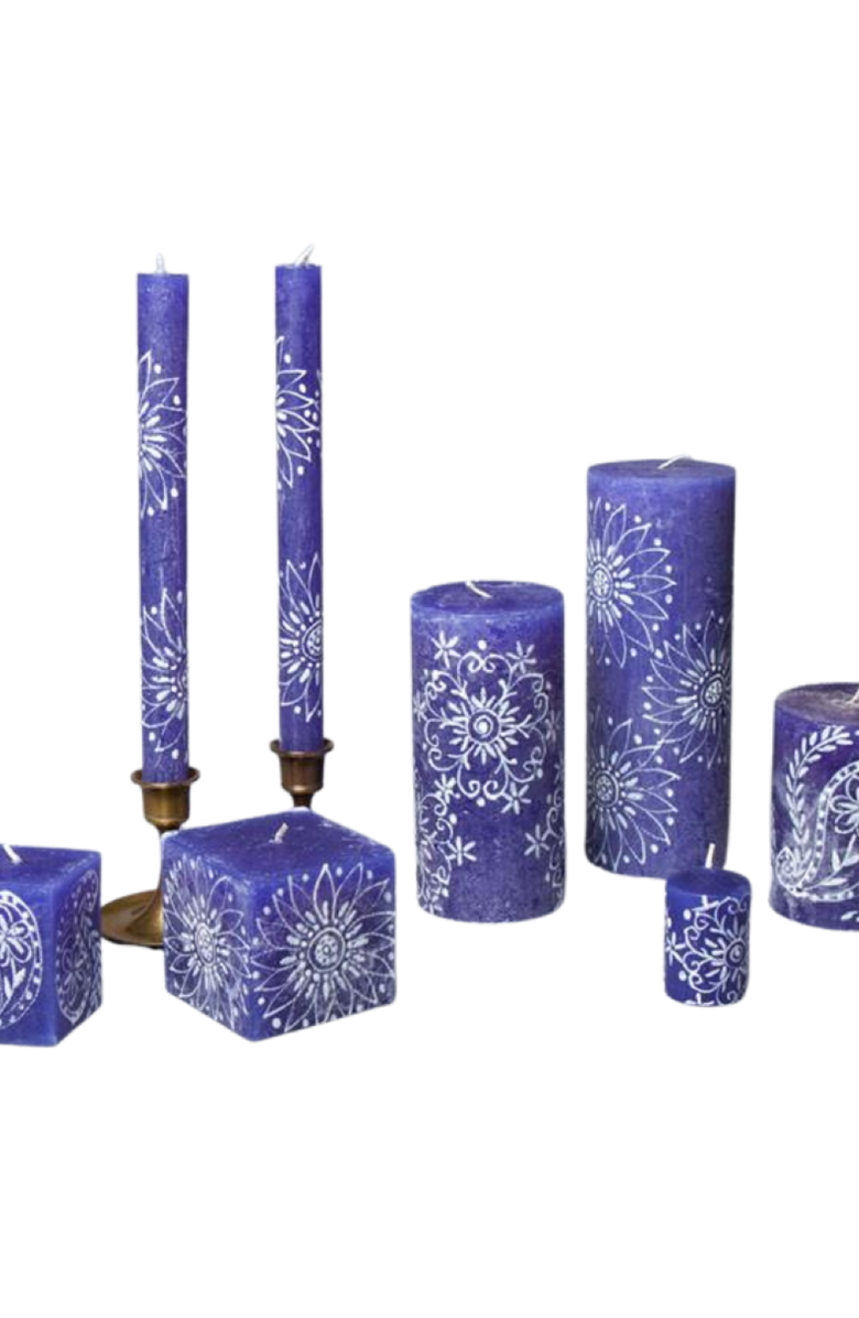 Thumbprint Artifacts Henna White on Blue Painted Candles - Set of 2, Alternate, color, Henna White - 9"