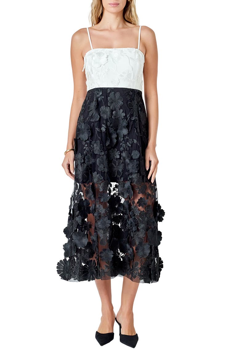 Floral Appliqué Colorblock Midi Dress, Main, color, WHITE/ BLACK