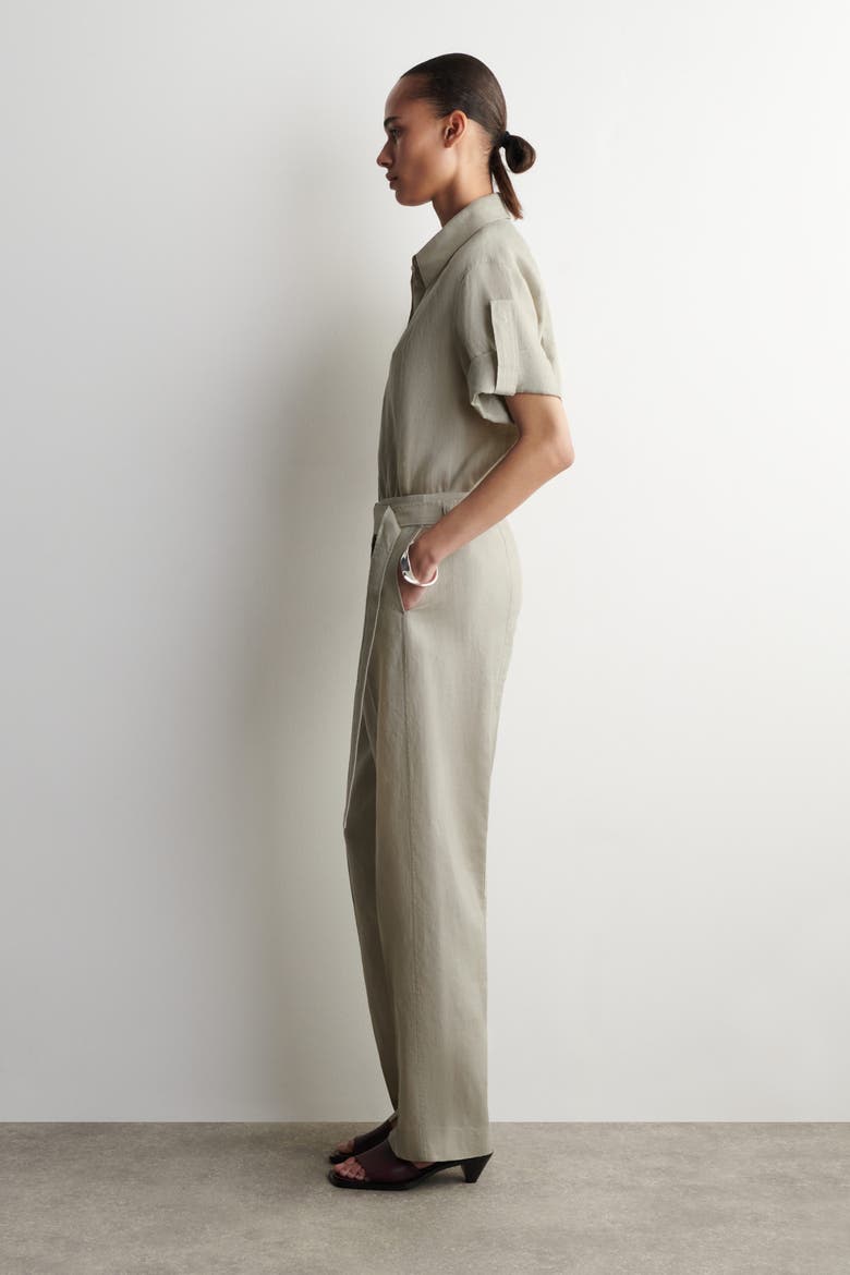 Belted Linen Barrel-Leg Pants, Alternate, color, BEIGE
