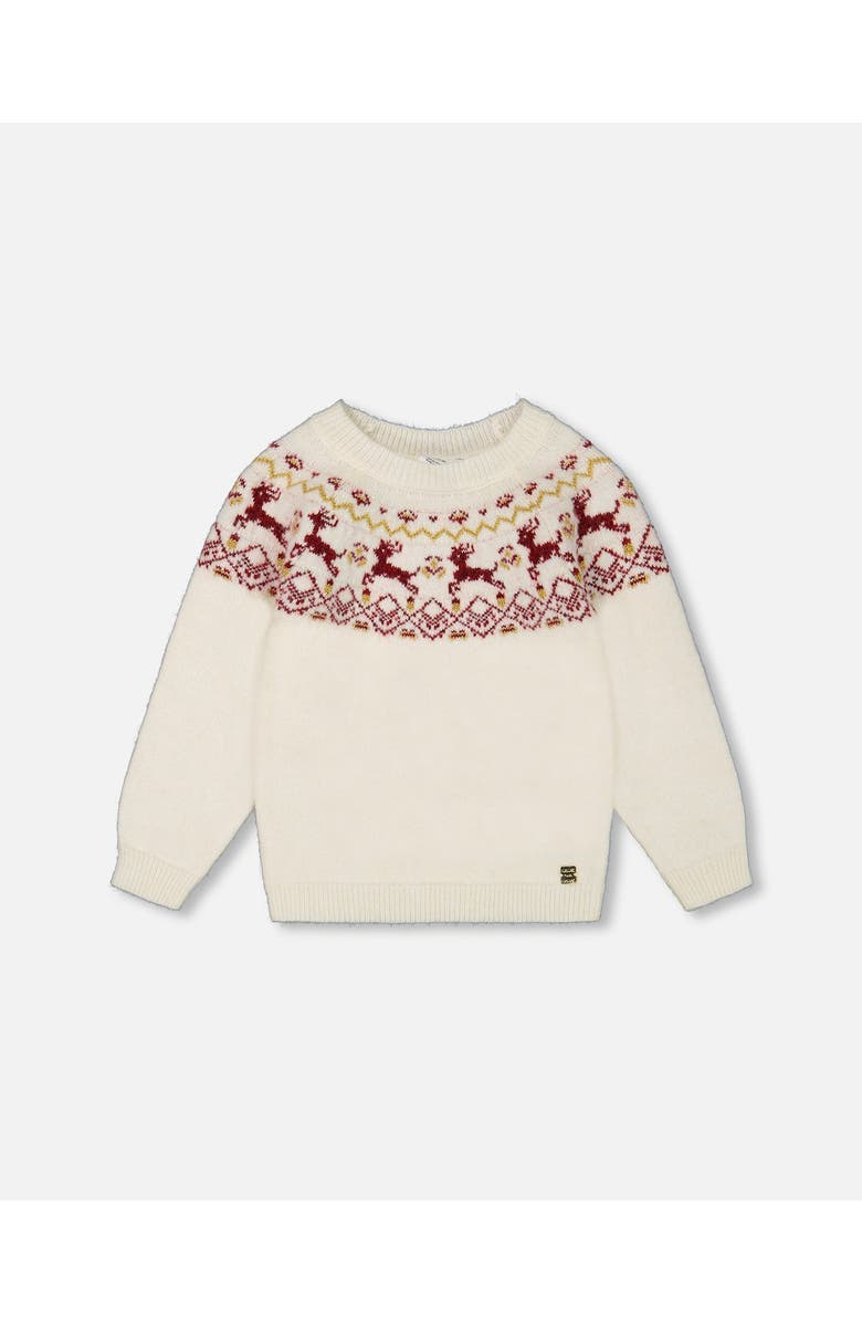 Deux par Deux Little Girl's Sweater With Christmas Intarsia Off White And Red, Main, color, Off White