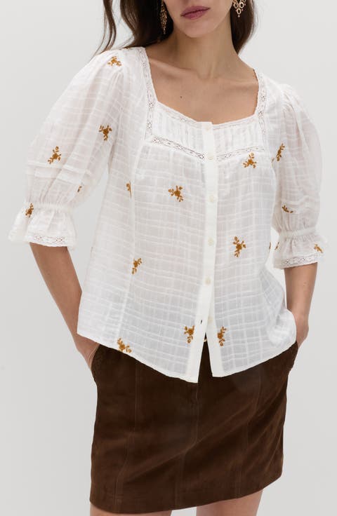 Floral Embroidered Lace Trim Button-Up Top