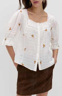 Floral Embroidered Lace Trim Button-Up Top