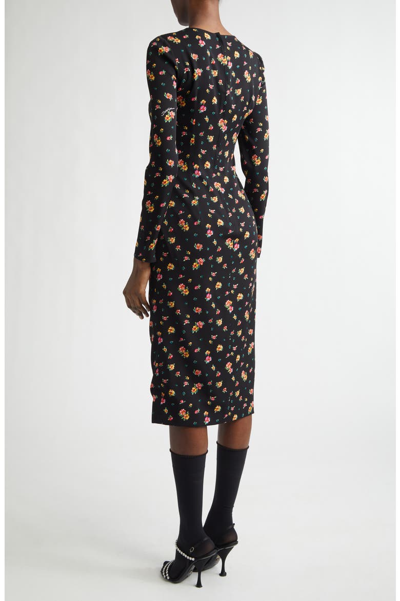 Floral Print Long Sleeve Charmeuse Midi Dress, Alternate, color, NERO