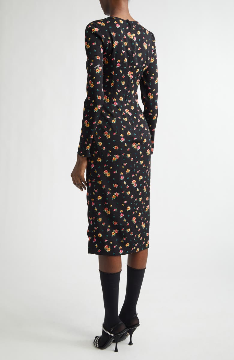 Dolce&Gabbana Floral Print Long Sleeve Charmeuse Midi Dress, Alternate, color, Nero