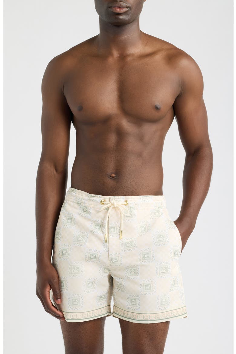 Oceano Telha Tile Print Swim Trunks, Main, color, ECRU- 17