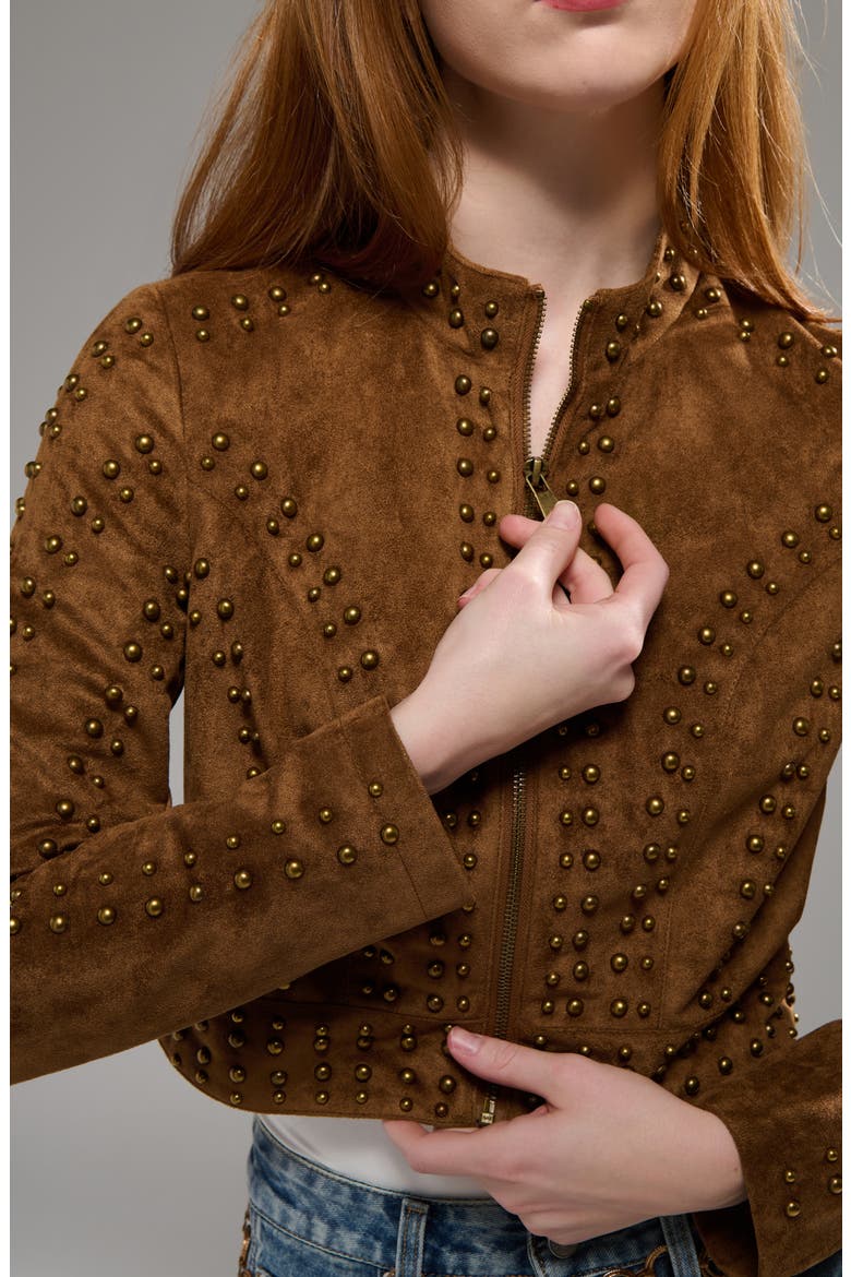 Silza Studded Faux Suede Moto Jacket, Alternate, color, BROWN