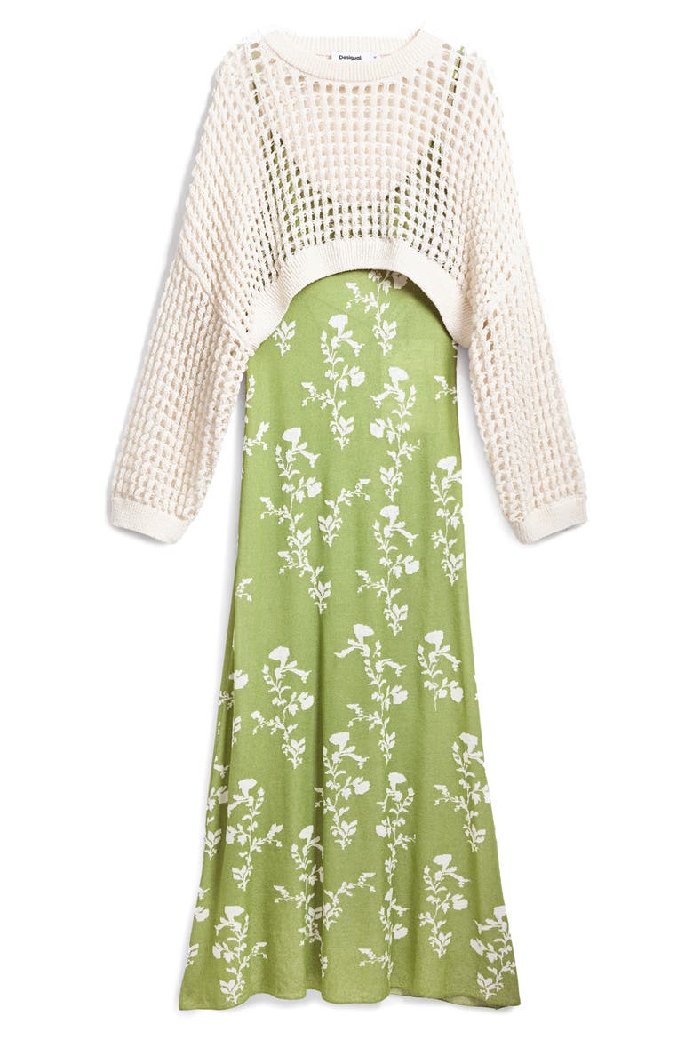 Floral Knit Maxi Dress & Open Stitch Long Sleeve Sweater Set, Alternate, color, GREEN