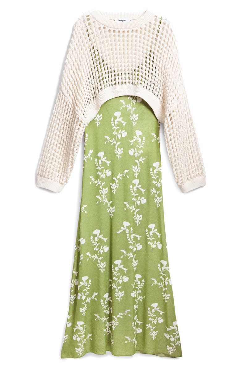 Desigual Floral Knit Maxi Dress & Open Stitch Long Sleeve Sweater Set, Alternate, color, 