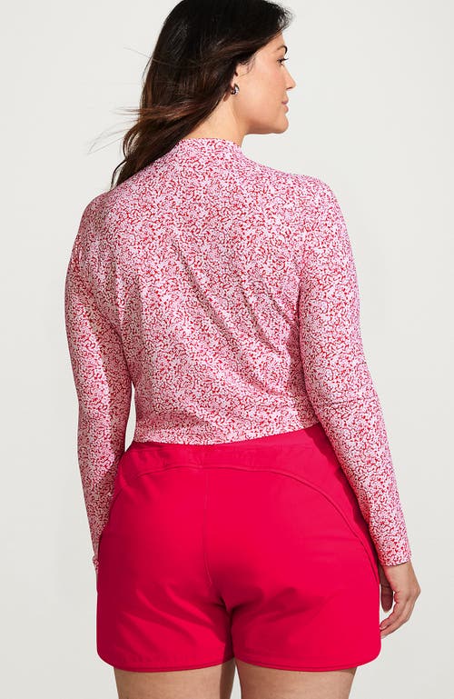 Lands' End Long Sleeve Mock Neck Cropped Upf 50 Sun Protection Rash Guard In Coral Rose/white Ditsy Lilies