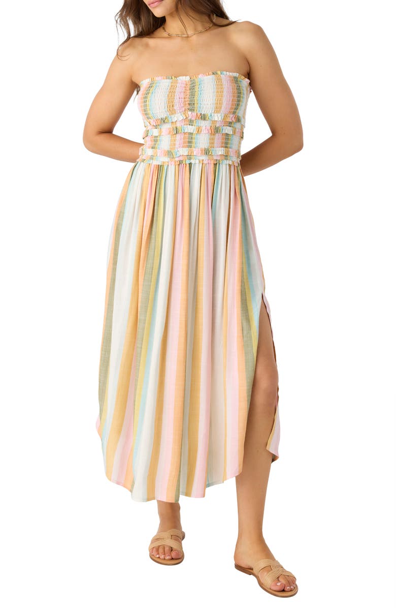 O'Neill Devyn Stripe Smocked Strapless Midi Dress, Alternate, color, 