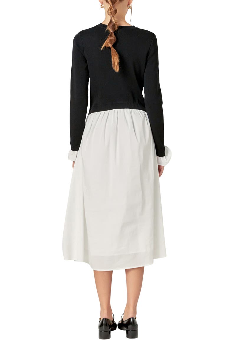 Twofer Long Sleeve Mixed Media Midi Dress, Alternate, color, BLACK/ WHITE