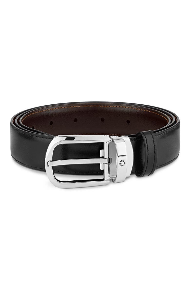 Horseshoe Buckle Reversible Leather Belt, Main, color, BLACK