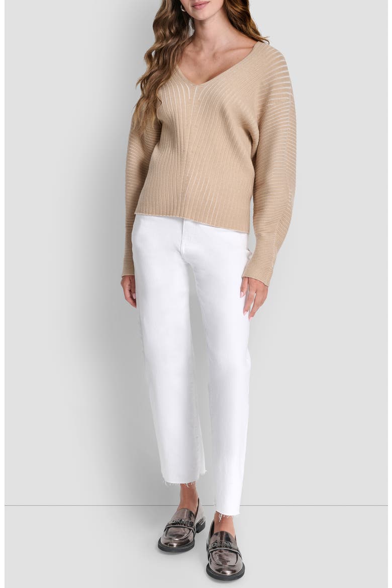 Transfer Rib V-Neck Sweater, Alternate, color, TRAVERTINE/ IVORY