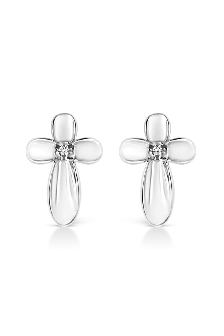 Silver Prong Diamond Accent Floral Cross Stud Earring, Main, color, White