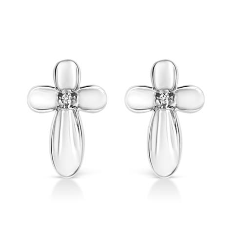 Silver Prong Diamond Accent Floral Cross Stud Earring