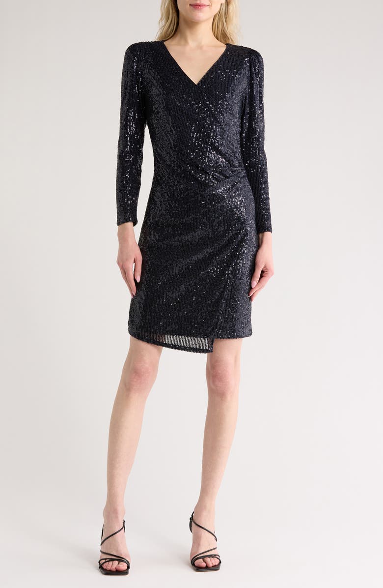 Nanette Lepore Sequin Long Sleeve Faux Wrap Dress, Main, color,
